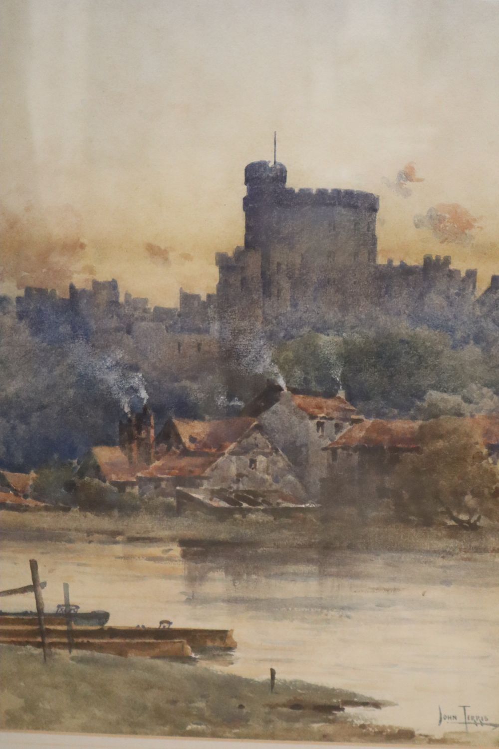 John Terris (1865-1914), pair of watercolours, Views of Windsor Castle and a riverside church, signed, 44 x 29cm